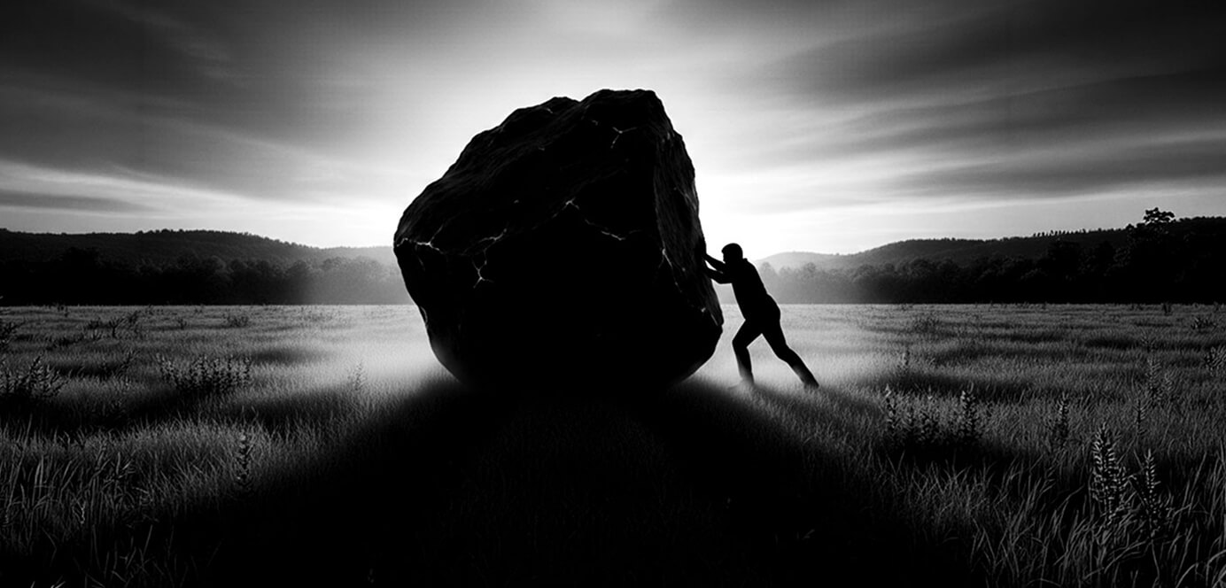 A silhouette pushing a large rock across a field at sunrise