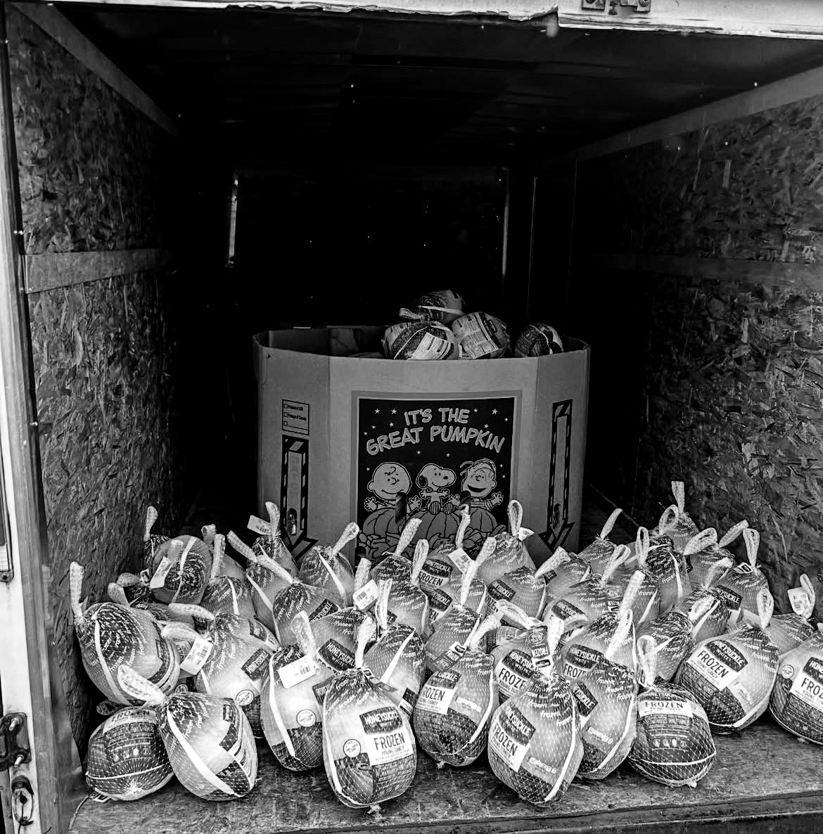 A trailer full of donated turkeys